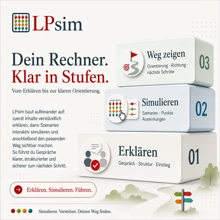 Dein Rechner, klar in Stufen: Erklären, dann Simulieren, dann den Weg zeigen.